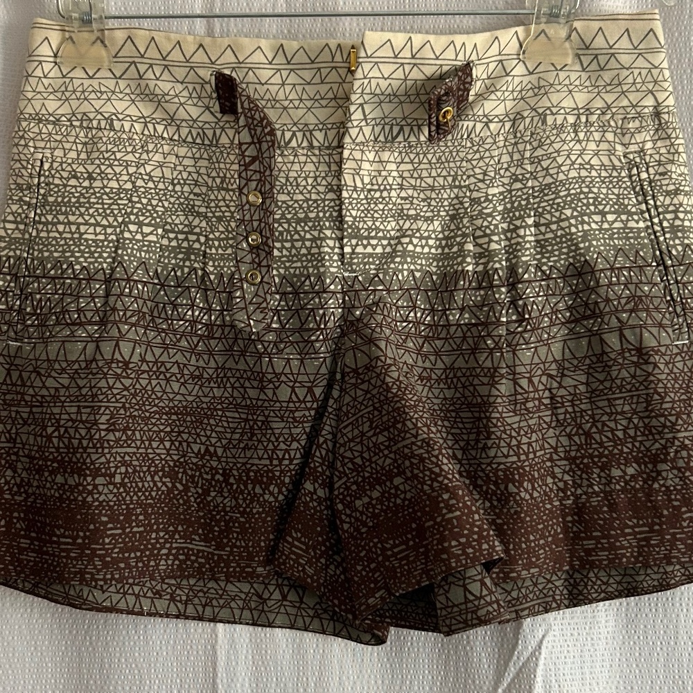 Anthropologie Brown Geo Print Linen Cotton Belted Shorts, Size 4, NWT